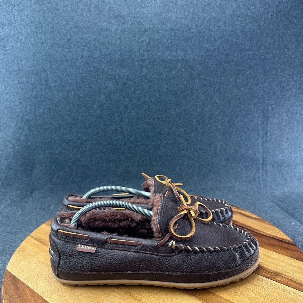 LL Bean Wicked Good Moosehide Moccasins Slippers Mens 9M Brown Shearling 301193